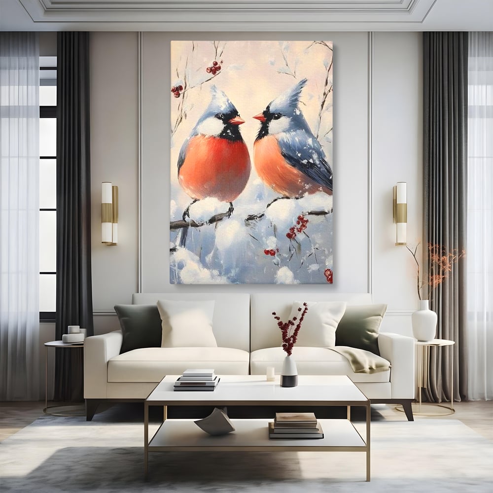 Tablou canvas cu tablou canvas cu doi pasari cardinali in iarna, fara rama, pe sasiu de lemn, pe perete intr-un living